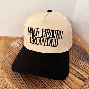 New Make Heaven Crowded Embroidered Trucker Hat in Neutral Tan and Black